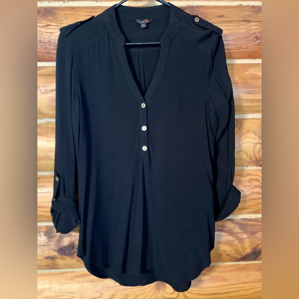 G by Guess Black Gold Button Front Blouse Shirt Cuffed Sleeve Medium